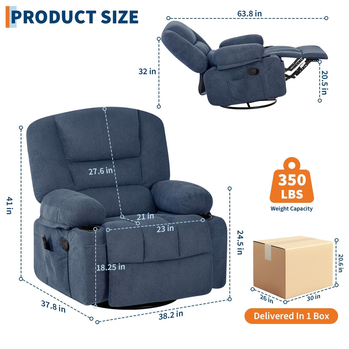 Oversized Wide Recliner Chair with Vibration Massage and Heat, 360° Swivel Recliner Glider for Adults,Chenille Fabric Manual Reclining Single Sofa with Cup Holders & Side Pockets for Living Room,Blue