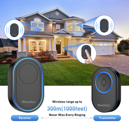 Wesstun Wireless Doorbell with 2 Receivers, IP67 Waterproof Door Chime Kit Operating at The Range of 300m, 2 Plug-in Door Bell Receivers with 39 Ringtones, LED Light & 5-Level Volume Control, Black