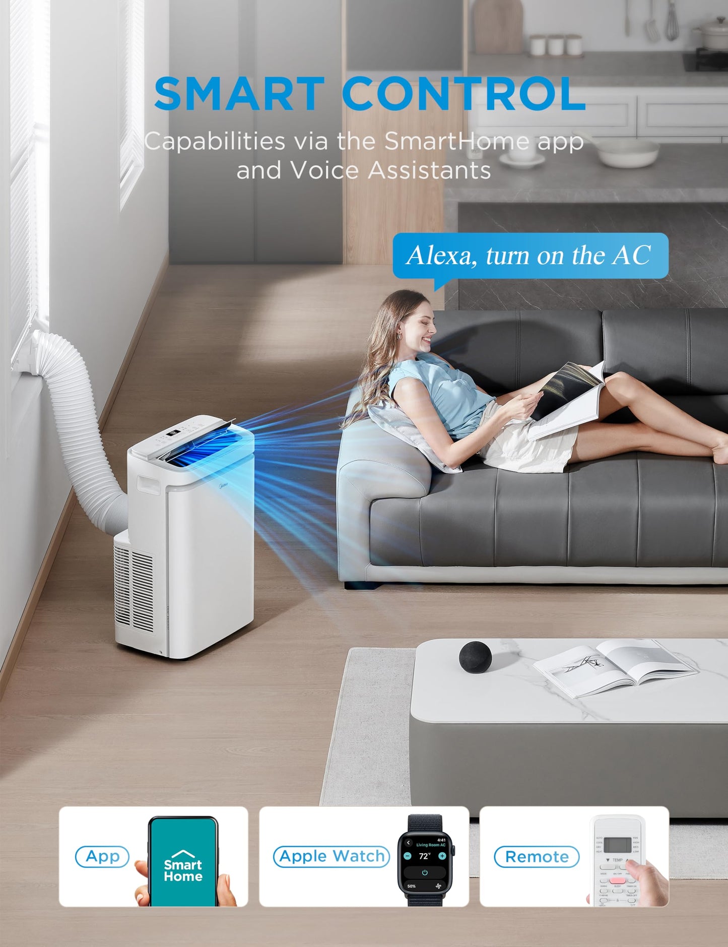 Midea 12,000 BTU ASHRAE (8,000 BTU SACC) Portable Air Conditioner, Cools up to 350 Sq.Ft., with Dehumidifier & Fan mode, Control with Remote, Amazon Alexa & Google Assistant, Easy-to-use and Install