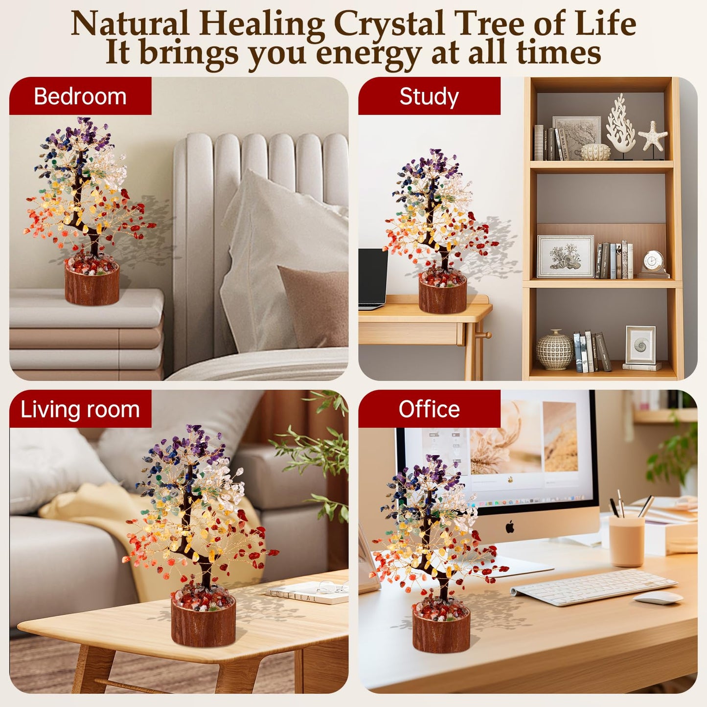 Hazms 7 Chakra Crystal Tree of Life - 8.7 Inches Healing Crystal Tree and 7 Crystals Office and Home Decor Positive Energy Seven Chakra Trees and Healing Stones Spiritual Birthday Gifts for Women