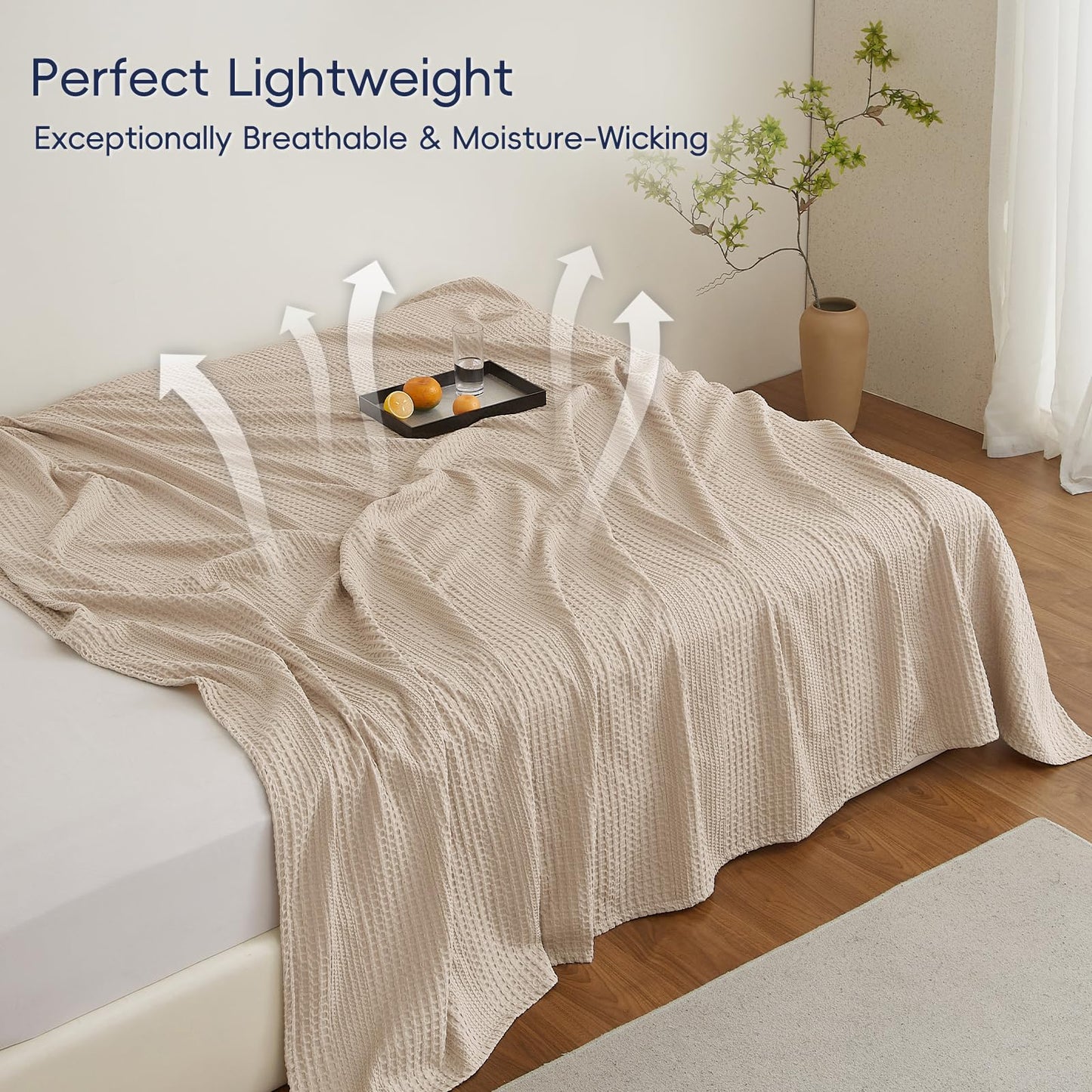 PHF Lightweight Waffle Weave Blanket Queen Size, Breathable & Ultra Soft, 90"x 90" Soft & Cozy Thin Blanket for Spring & Summer & Hot Sleepers, Bed, Home Decor - Light Tan