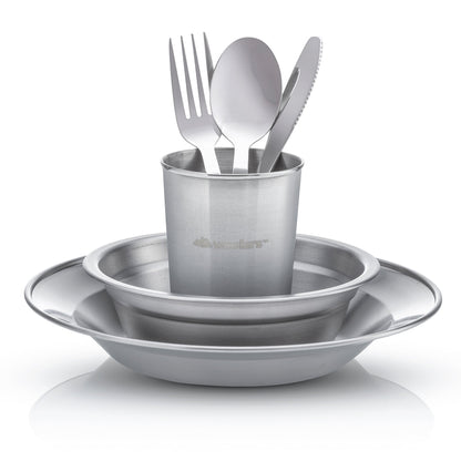 Wealers Unique Complete Messware Kit Polished Stainless Steel Dishes Set| Tableware| Dinnerware| Camping| Buffet| Includes - Cups | Plates| Bowls| Cutlery| Comes in Mesh Bags (2 Person Set Blue)