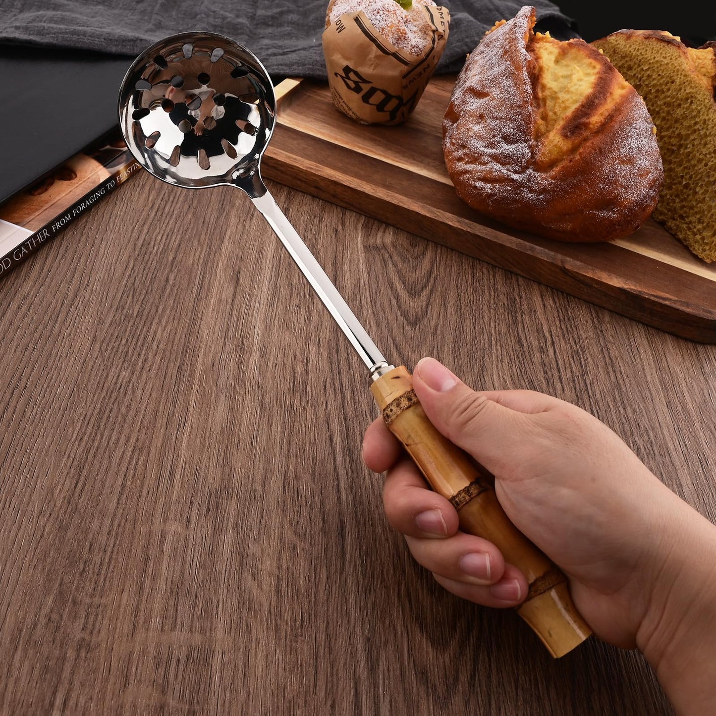 Uniturcky Soup Ladle and Slotted Spoon Set, 304 Stainless Steel Serving Utensils with Natural Bamboo Handle, Soup Spoons For Serving Gravy Hot Pot Or Restaurant, 10.2 Inch, 4 PCS / 2 of Each