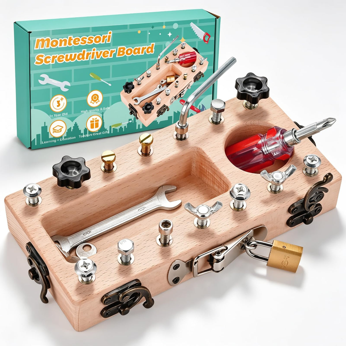 WoodTrove Montessori Screwdriver Board Set with Lock and Key, Montessori Toys for 3 4 5 Year Old, Wooden Screw Driver Activities Tools, Fine Motor Skills Preschool Learning Sensory Toy