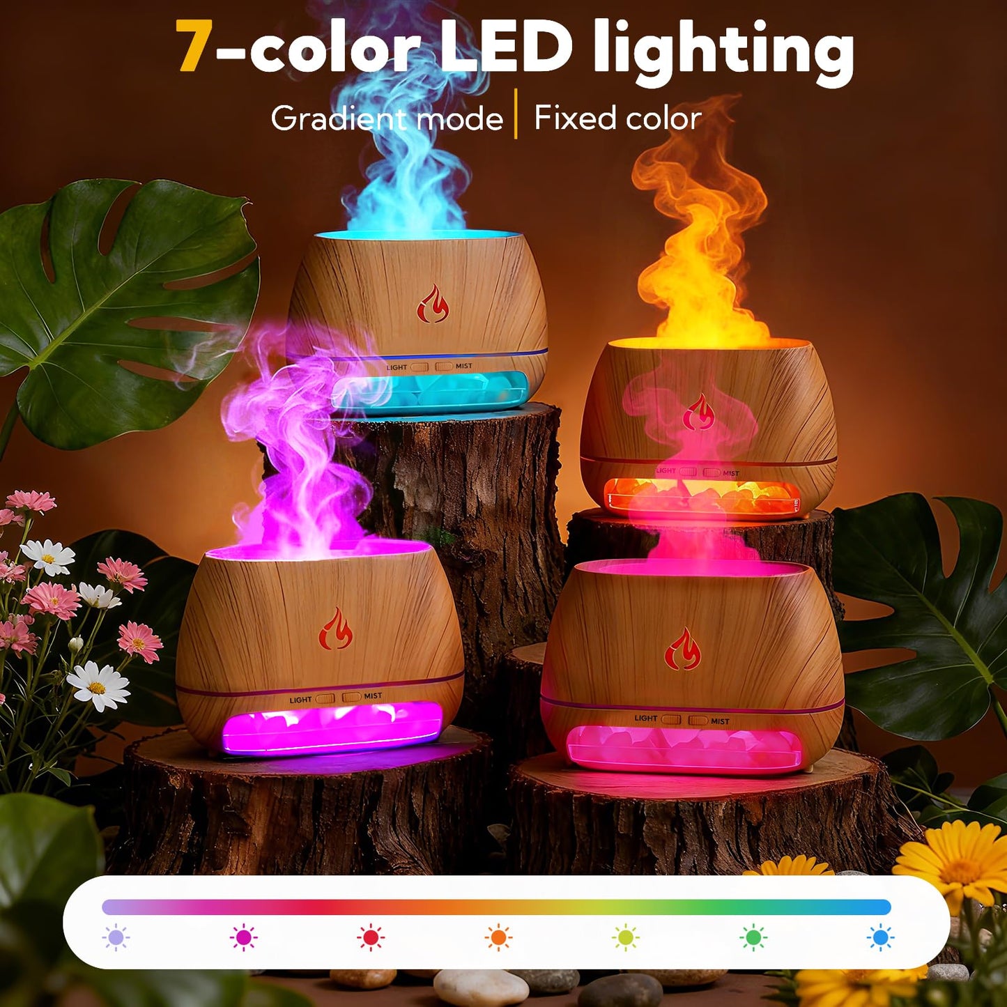 4 Pack Flame Diffuser Essential Oil Diffuser with Cool Mist Himalayan Salt Lamp 7 Colors LED Light 200ml Ultrasonic Aroma Diffusers for Bedroom Office Spa Yoga Room Gift,Wooden Grain