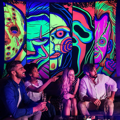 Black Light Art Halloween Wall Decor Trippy Blacklight Horror Face Tapestry, UV Reactive Tapestries Glow in The Dark Party Tapestry for Bedroom, Living Room (51" x 59")