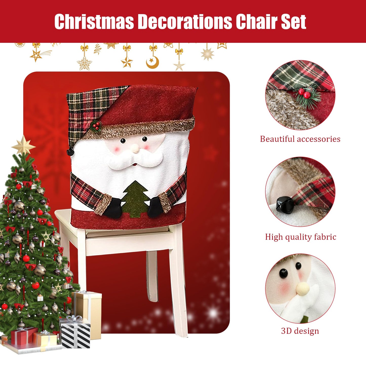 APXPF Christmas Chair Covers Set of 6 Christmas Chair Back Covers for Dining Room Cute Santa Chair Cover Party Chair Covers Christmas Decorations Red