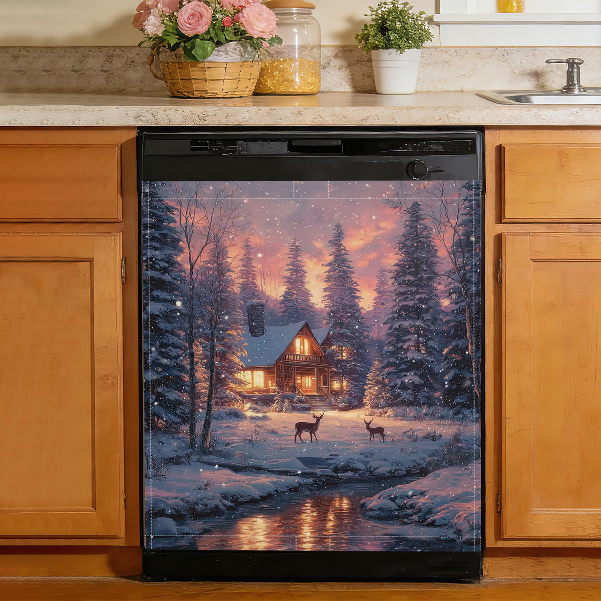 Christmas Scene Snowflakes Magnetic Dishwasher Cover for Kitchen Decor, Reusable Appliance Front Panel, Refrigerator Magnet Cover, 23 x 26 in