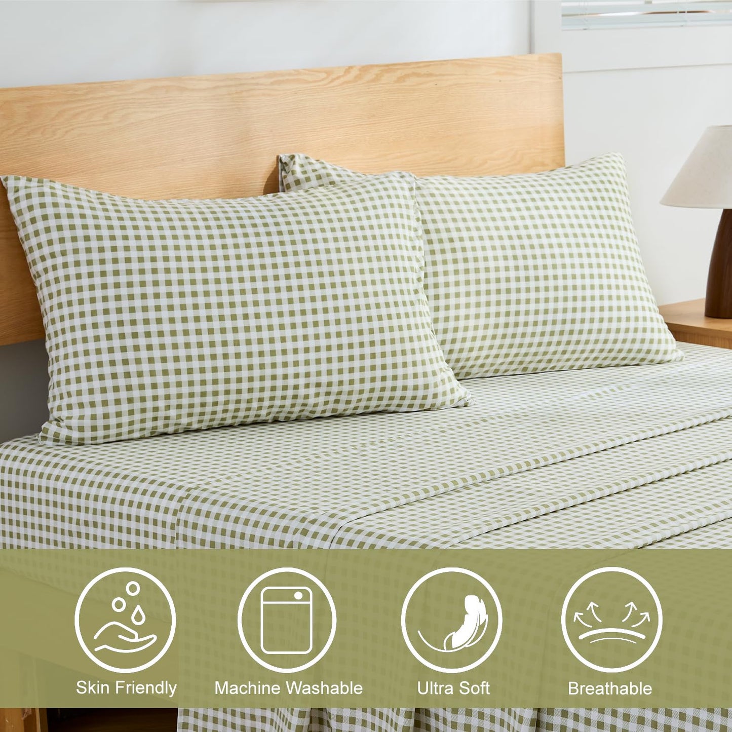 kisswish Sage Green Gingham Full Sheet Set, 4-Piece Soft Brushed Microfiber Bed Sheets - 16" Deep Pocket Fitted Sheet, Wrinkle & Fade Resistant, Hotel Luxury Bedding