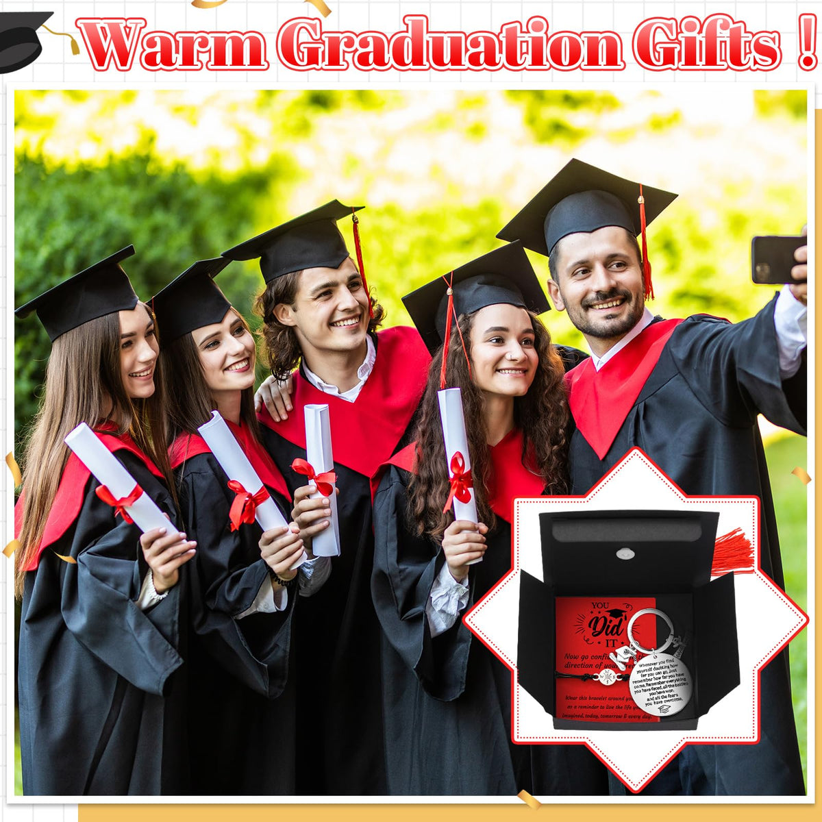 Ecation 24 Sets 2026 Graduation Gifts Unisex Bracelets Comes in Cap Shaped Box with Quote Card Keychain for Class of 2026(Retro Style)