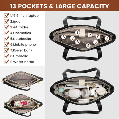 LOVEVOOK Laptop Bag for Women 15.6 inch,Diamond Quilted Work Tote Bags Womens Laptop Tote Computer Shoulder Bags,Stylish Travel Tote Bags Laptop Purse Case Briefcase Handbag with Clutch Bag,Black