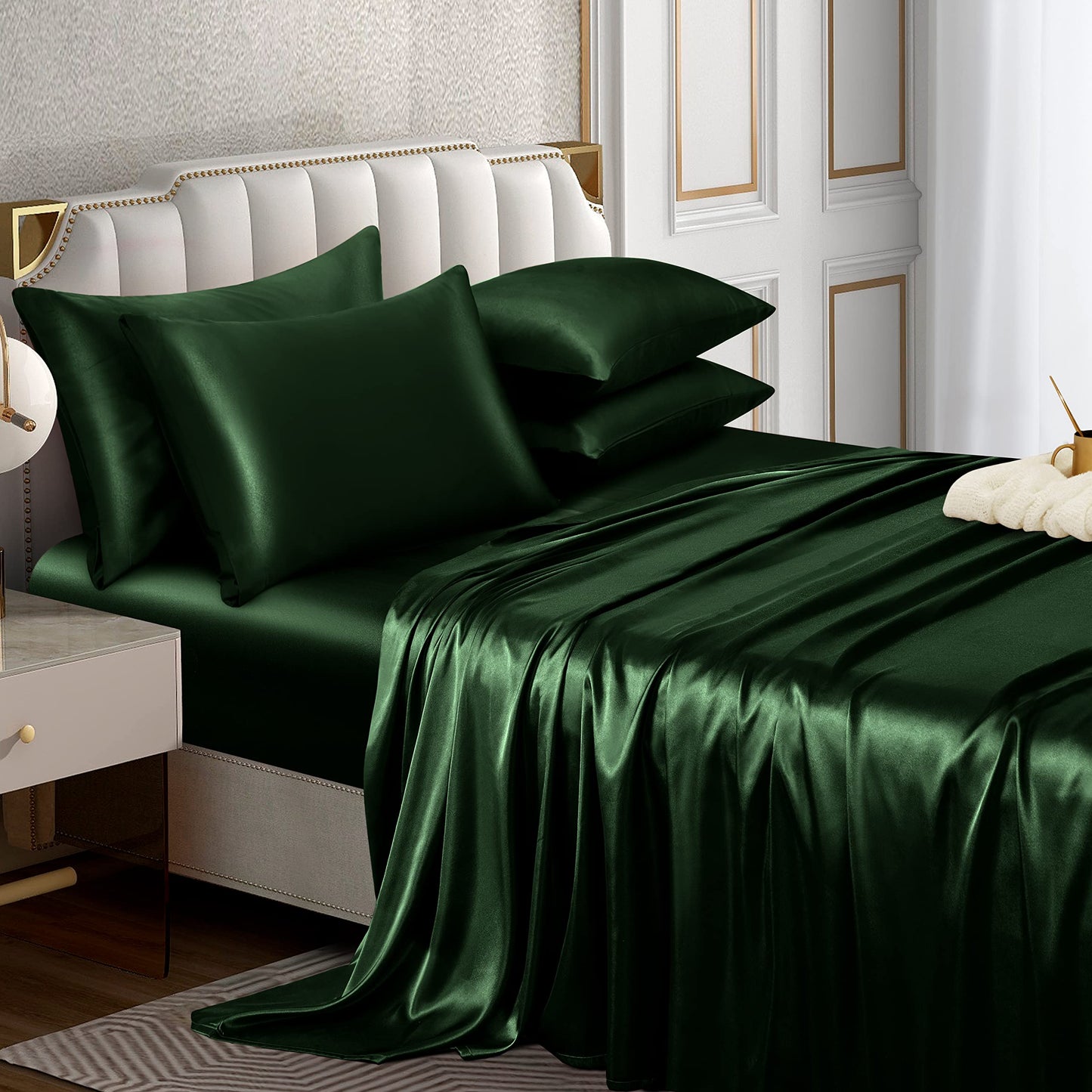 Horbaunal 4 Piece Satin Sheet Set Twin Size Luxury Silky & Soft Emerald Green Satin Twin Bed Sheet Set with 16" Deep Pocket, 1 Fitted Sheet, 1 Flat Sheet, 2 Pillowcases