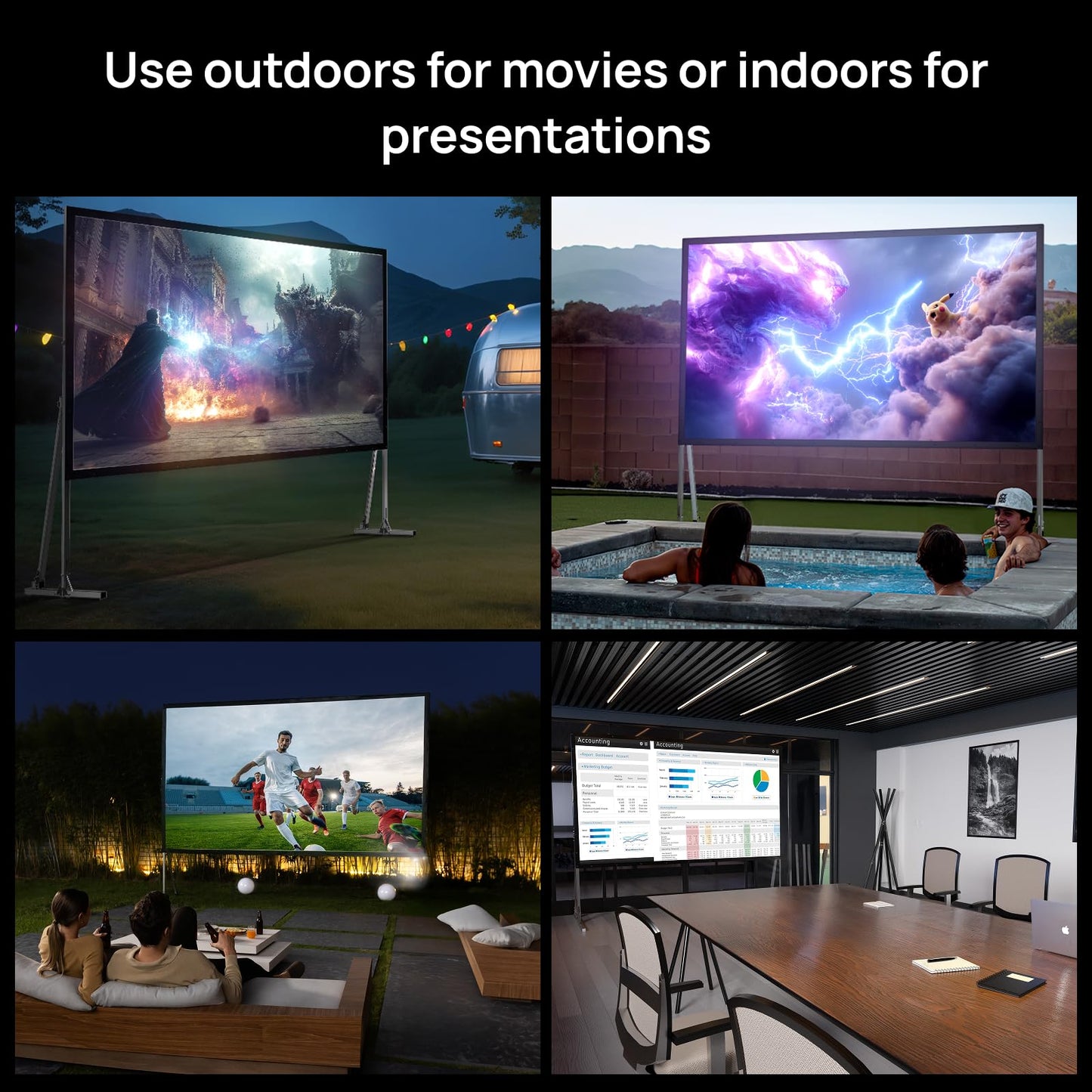 AWOL VISION Folding Outdoor Projector Screen with Stand (150 inches), Portable 16:9 4K HD Rear Front Movie Screen with Carry Bag for Theater Backyard Movie Night,Cinema School