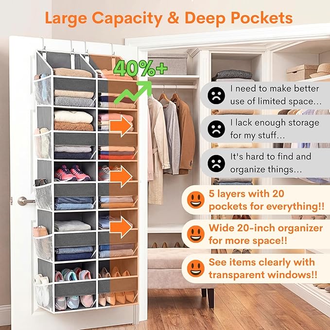 2 Pack Over the Door Organizer 5 Tiers, Extra Large Behind Door Storage of 10