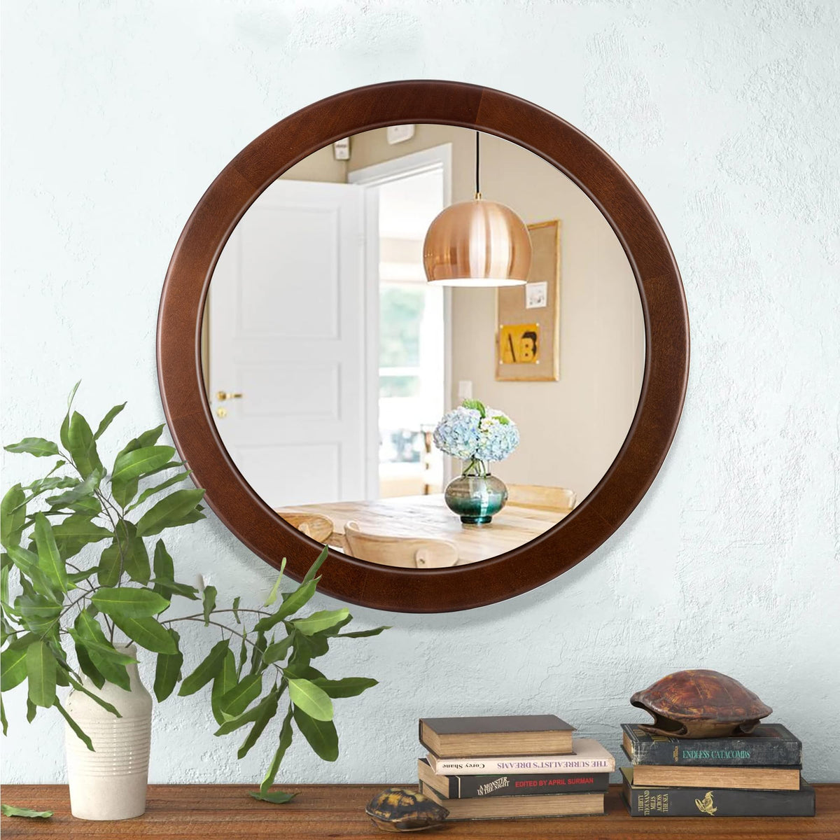 CULER Round Mirrors 30 Inch,Wood Vanity Wall Rustic Mirror with Walnut Frame, Wooden Mirror for Bathroom Bedroom Living Room Or Entryway(Walnut Brown)