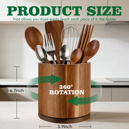 Cyrabota Acacia Wood Utensil Holder 360°Rotating Anti-Tip Design for Kitchen Counter,Cooking Utensil Crock for Countertop , Large Utensil Organizer for Spatula