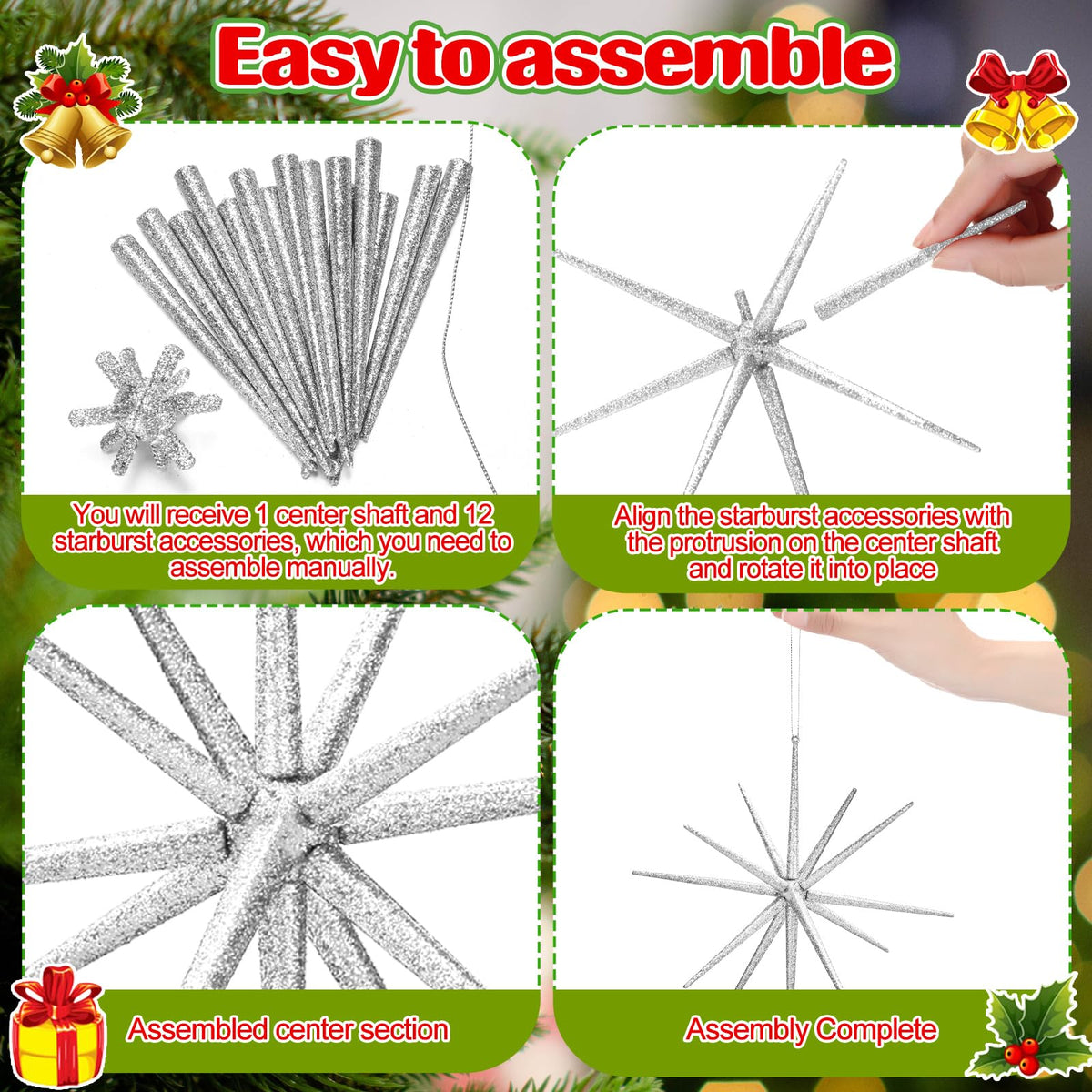 Syhood 6 Pcs Glitter Starburst Star New Year Ornaments 8 Inch Exploding Glitter Starburst Bethlehem Star Hanging Tree Ornaments Tabletop 3D Decor New Year Holiday Party(Sliver,Classic)