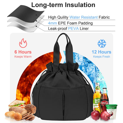 Hafmall Large Drawstring Lunch bag Women, Cute Lunch Box Leak-Resistant Lunch Tote for Picnic Work Office, Black