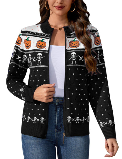 Totatuit Halloween Sweater for Women Pumpkin Zip Up Cardigan Sweaters Long Sleeve Knitted Lightweight Jacket Halloween Black Medium