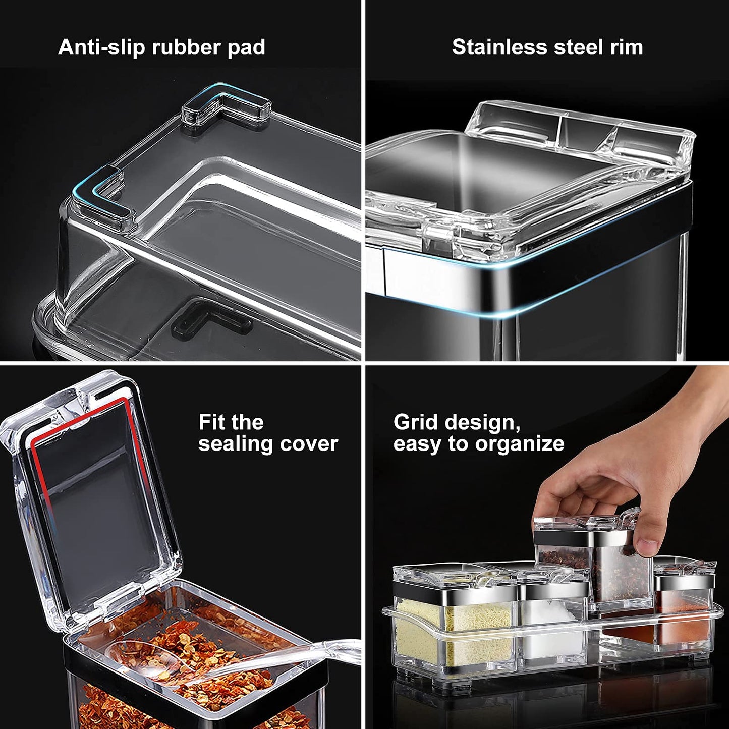 Acrylic Seasoning Box Set, 4 Piece Clear Premium Quality Storage Rack Spice Pots Condiment Jars for Salt Sugar Cruet Kitchen Organization Containers with Cover and Spoon