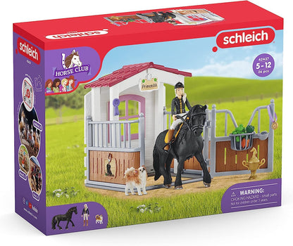 SCHLEICH Horse Club - 26 PC Tori and Princess Horse Toy Stall Playset with Dog Figurine and Accessories - Realistic, Posable Rider Figure and Pony Toys for Girls and Boys - Kids Ages 5+ - 42710