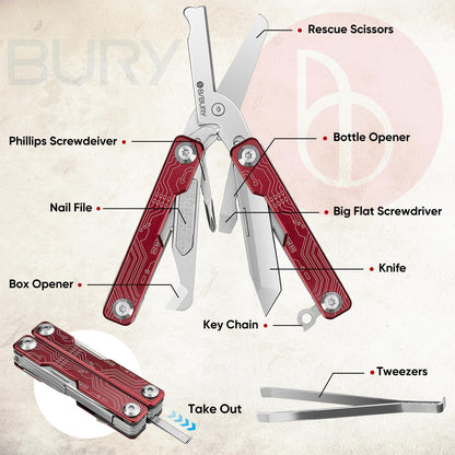 BIBURY Mini Keychain Multitool Scissors BI2061R, 9 in 1 Multitool EDC Scissors with Screwdriver, Bottle Opener, Pocket Knife, Spring -Mini Multi Tool for Outdoor, Daily Use, Gifts for Men and Women