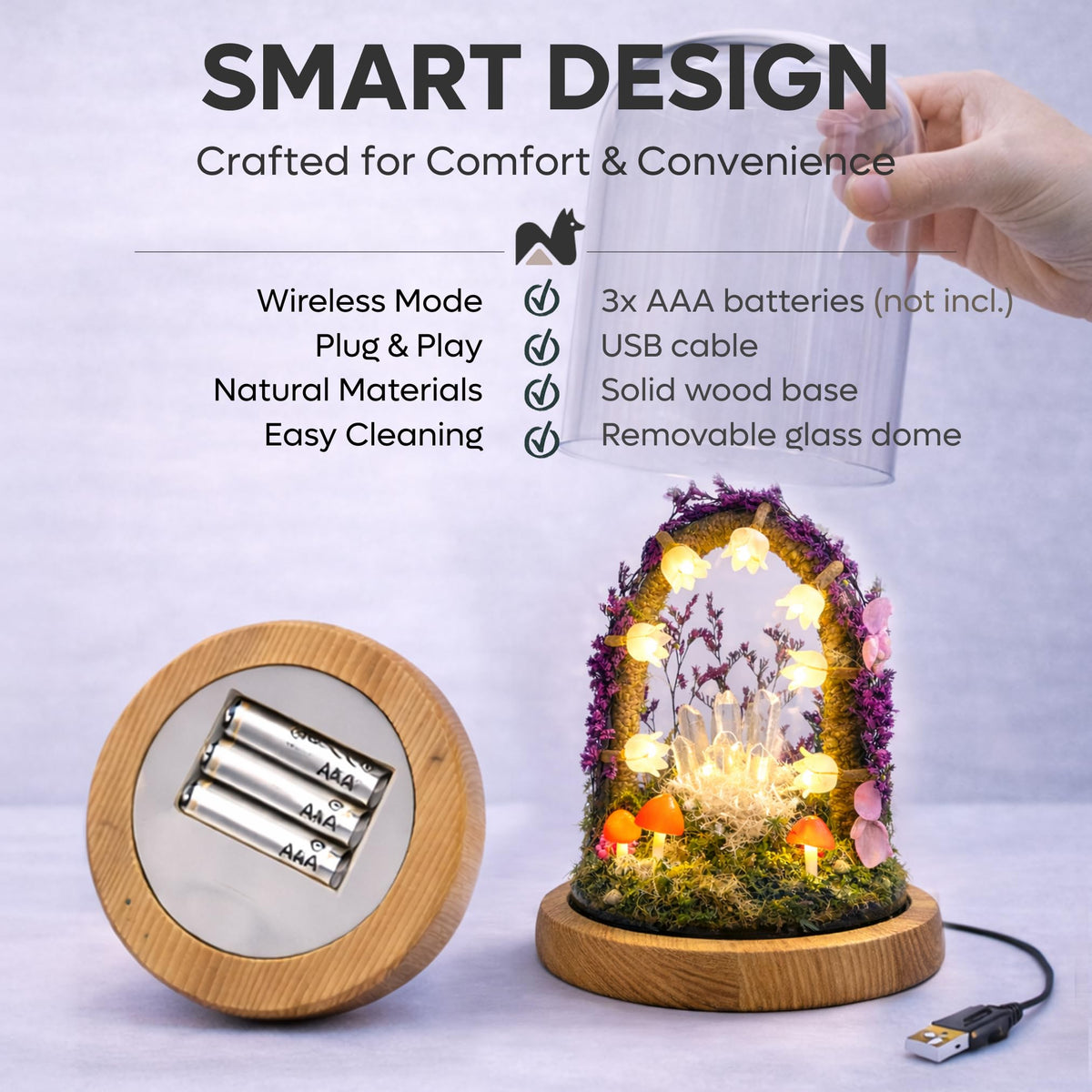 Nordic Notch Mushroom Night Light Lamp - Handmade Glass Dome Fairy Light with Solid Wood Base, USB or Wireless, Cozy Aesthetic Bedside Table Decor, Unique Gift | Purple Rain