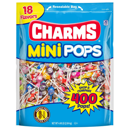 Tootsie Roll Charms Mini Pops - 4.5 lb Bag of Individually Wrapped Fruity Hard Candy Lollipops in 18 Fun Flavors - Peanut and Gluten Free, 400 Count, Packaging May Vary