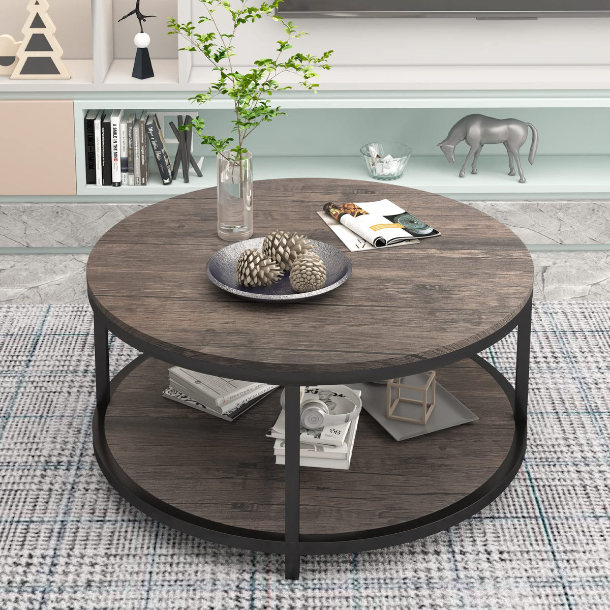 NSdirect Round Coffee Table,36" Coffee Table for Living Room,2-Tier Rustic Wood Desktop with Storage Shelf Modern Design Home Furniture(Light Walnut)