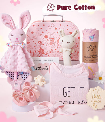 Golray Baby Shower Gifts for Girls, Baby Girl Gifts Baskets with Rattle, Blanket/Bodysuit Set, New Born Essential Stuff, Gender Reveal Ideas Infant New Born Baby Girls Gift Basket