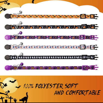 Weewooday 6 Pieces Halloween Cat Collar, Breakaway Cat Collars with Bell, Safety Buckle Soft Adjustable Pet Collar with Skull Pumpkin Patterns for Kitten Kitty Halloween Christmas Party
