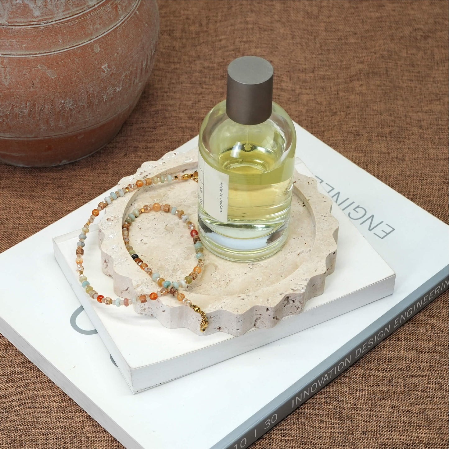 seicasaya 5.5 Inch Small Scallop Edge Tray, Hand-Carved Natural Stone Jewelry Holder, Travertine & Marble Vanity Tray for Rings, Candles, or Keys (Travertine)