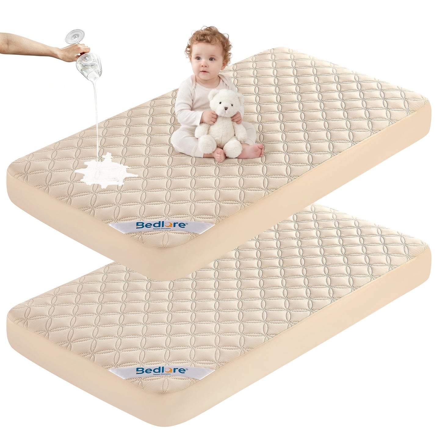 BEDLORE Crib Mattress Protector 2-Pack, Waterproof Beige 52"x28"