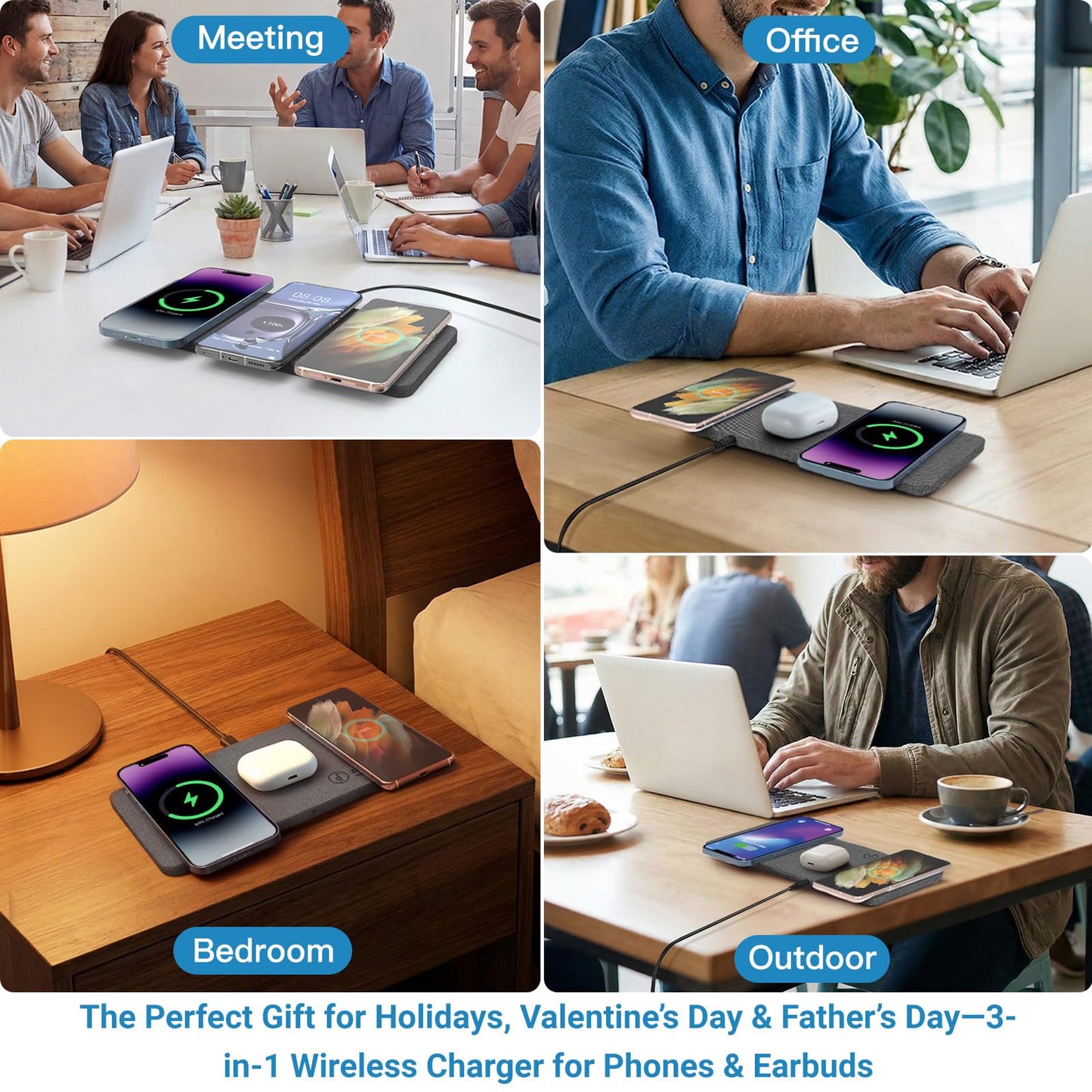 ZealSound Wireless Charging Pad, 3 in 1 Charger Mat for iPhone, Samsung Galaxy, Pixel, AirPods & Galaxy Buds, 24W Adapter Included, Ultra Slim, Case Friendly, PU Leather, Home Office & Travel, Gray