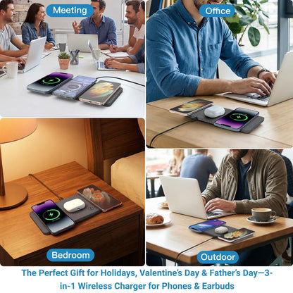 ZealSound Wireless Charging Pad, 3 in 1 Charger Mat for iPhone, Samsung Galaxy, Pixel, AirPods & Galaxy Buds, 24W Adapter Included, Ultra Slim, Case Friendly, PU Leather, Home Office & Travel, Gray