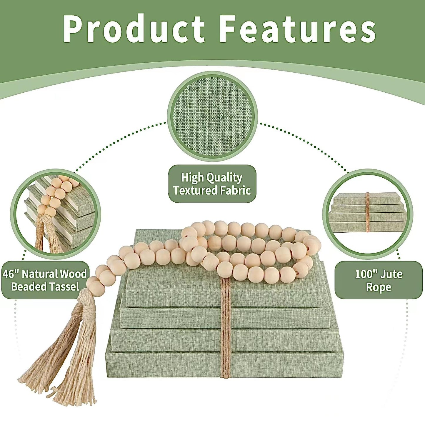 Linen Covered Decorative Books 4 Pieces, Neutral Home Decor Coffee Table Books with Wooden Beaded Tassel, Stacked Books for Rustic Farmhouse Modern, Boho, Bookshelf, Fireplace Mantel Decor, Sage