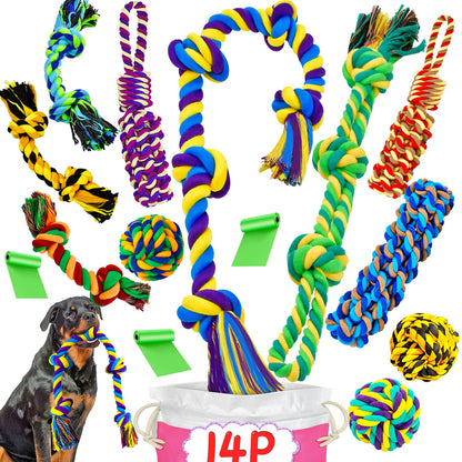 SHARLOVY XL Chew Toys for Aggressive Chewers Large Breed, 14 Pack Tough Indestructible Toys, Durable Puppy Teething Chews, Heavy Duty Cotton Rope Toys for Large Dogs