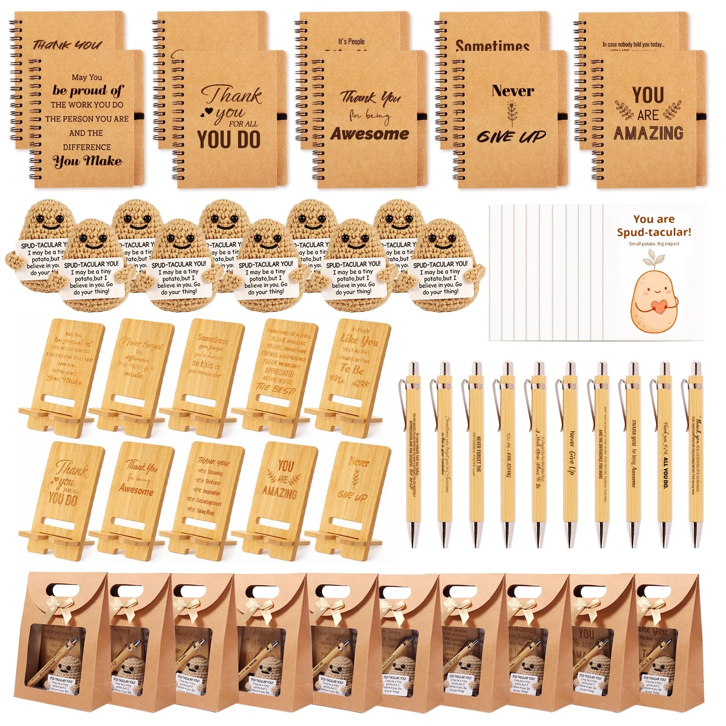 60 PCS/10 Sets Teacher Employee Appreciation Gifts Bulk – Thank You Gifts for Coworkers with Kraft Paper Gift Bags,Greeting Card,Inspirational Notebooks,Phone Stand,Team Gift for Staff, Nurse, Office