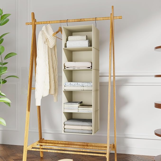 Hanging Closet Organizer, Easy Mount Foldable 5-Shelf Hanging Closet Wardrobe
