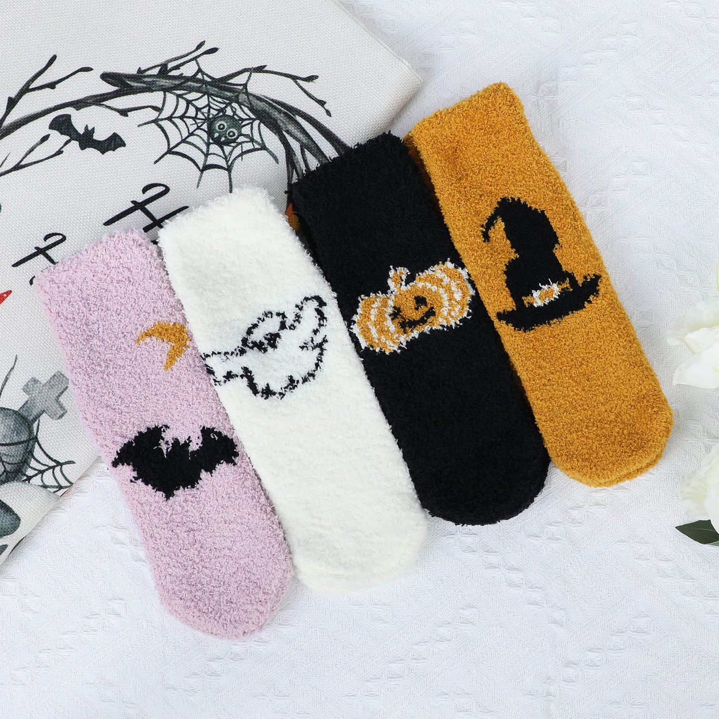Century Star Women Halloween Socks Warm Super Soft Slipper Socks Fuzzy Fluffy Cozy 3-8 Pairs Home Socks 4 Pairs Halloween Pattern One Size