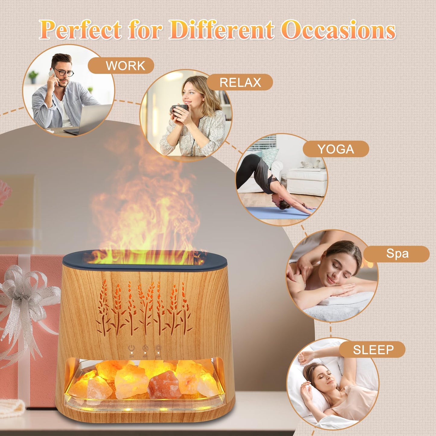 Fireplace Flame Diffuser & Himalayan Salt Lamp, 8 Colors Aromatherapy Diffuser Cool Mist Humidifier with Timer Auto Off Function for Home, Bedroom, Offie,Yoga