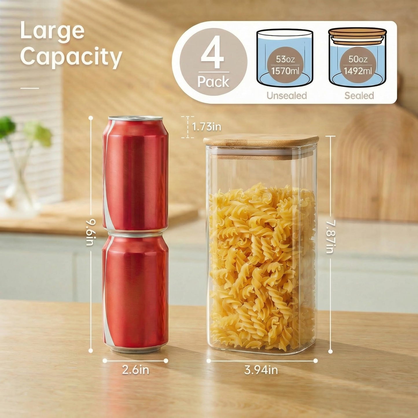 HomArtist Square Glass Jars with Bamboo Lids 53 FL OZ [Set of 4], Glass Canisters with Airtight Lid, Glass Food Storage Containers for Pasta, Cereal, Coffee, Flour, Sugar, Best for Kitchen & Pantry