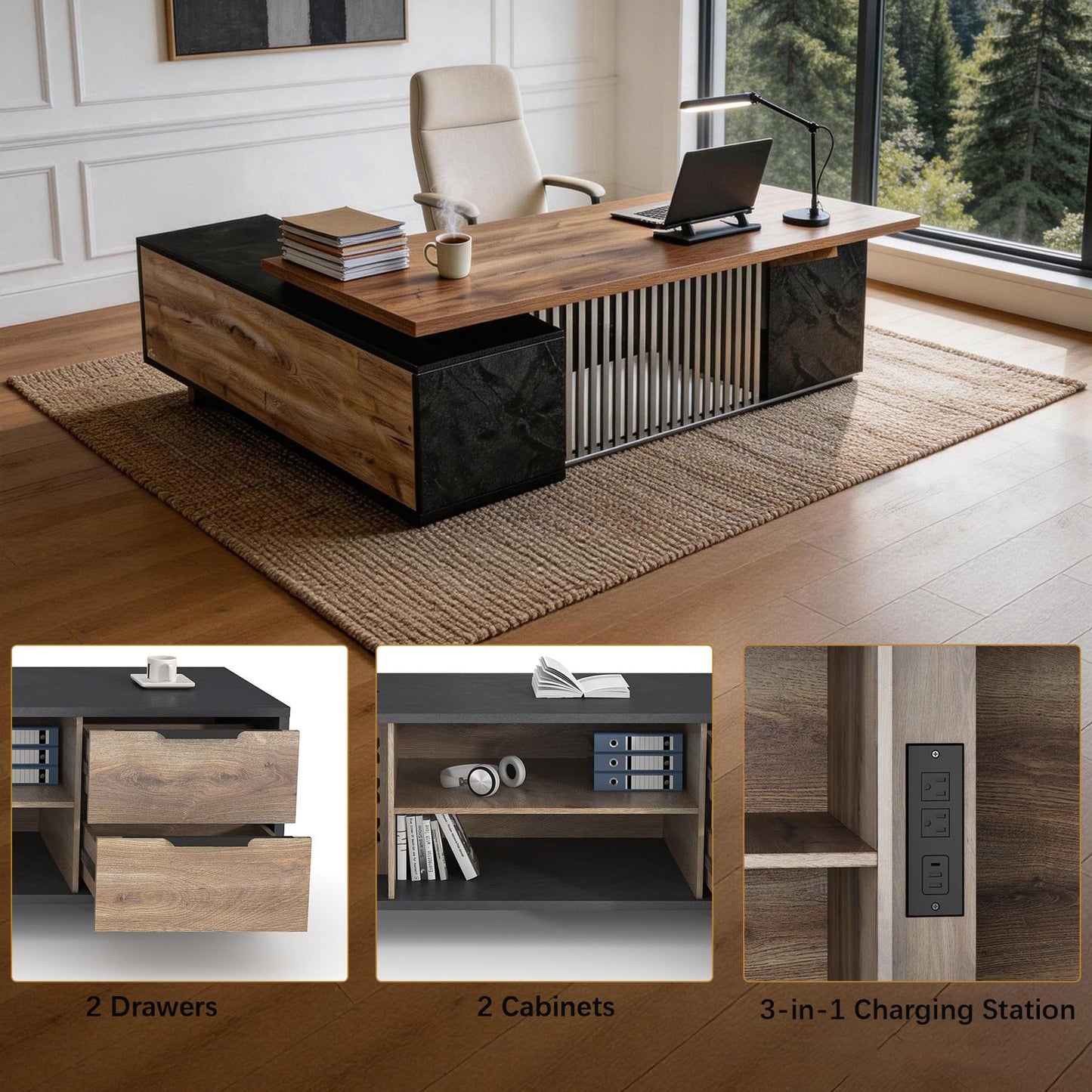 78.7 Inch Large Executive Desk with Drawers Cabinet, L Shaped Office Desk, Computer Desk with Universal Charging Ports and Cable Management for Business Furniture Set Workstation for Home Office