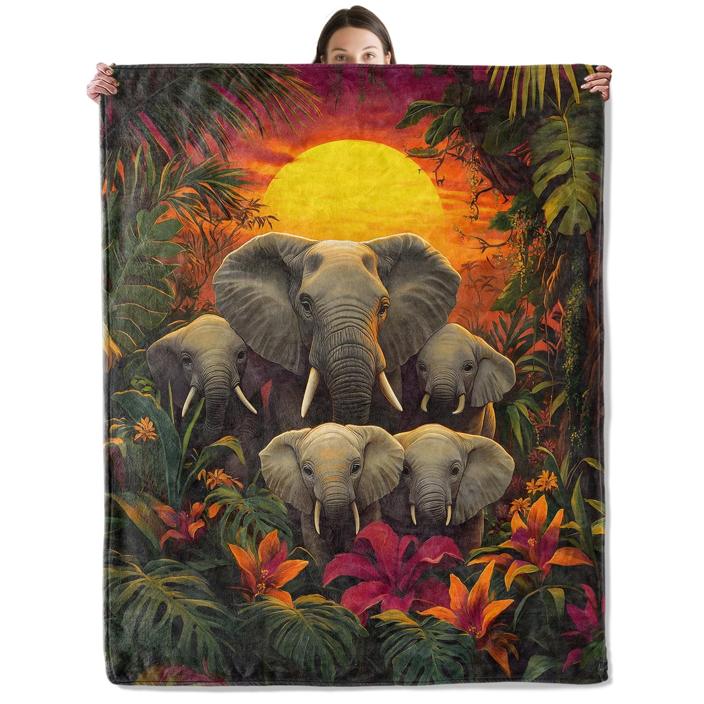 wyxdwh Jungle Elephant Blanket, Cozy Flannel Tropical Sunset Nature Scene Throw Blanket for Couch Outdoor, Plush Soft Lightweight Travel Blankets for Bed Decor and Gifts, for Women Adults Kids 50"x60"