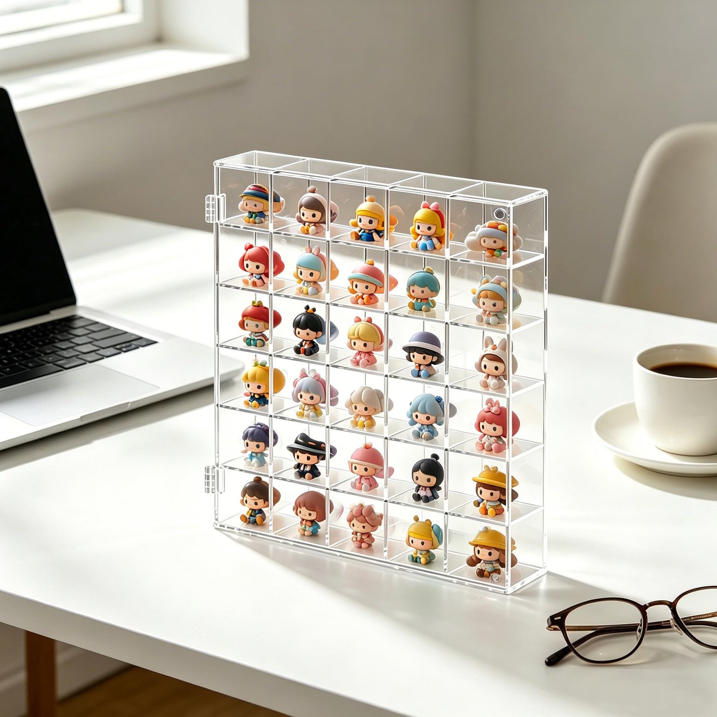 REZBLEATH 30 Grid Acrylic Clear Display Case Adjustable Crystal Display Shelf Rock Collection Box for Storage Crystals Stones and More, Wall Mounted Transparent Rock Display Box with Magnetic Lid