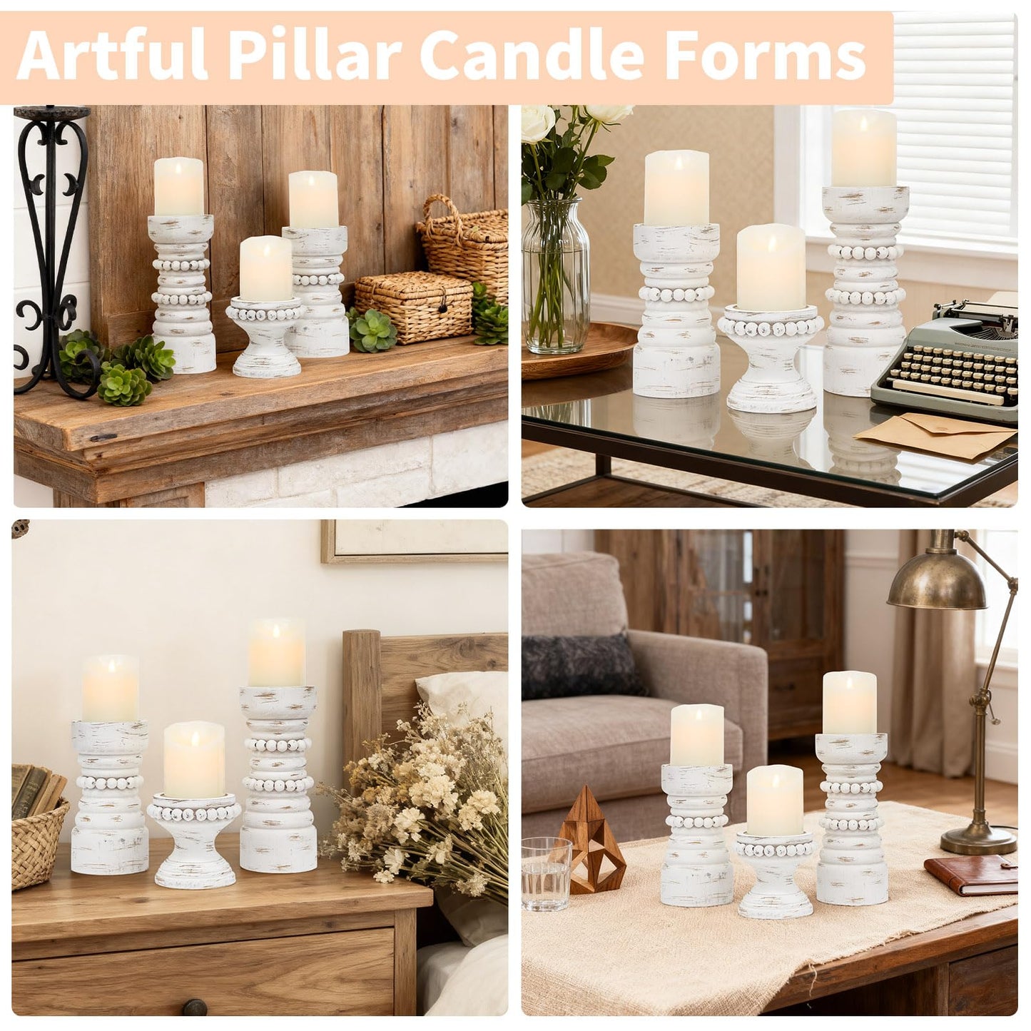 MODE HOME Rustic White Wood Candle Holders Set of 3, Farmhouse Beaded Wood Pillar Candle Holder, Candle Holders for Pillar Candles & Candlesticks, Candle Sticks Holder Decor for Table Centerpiece