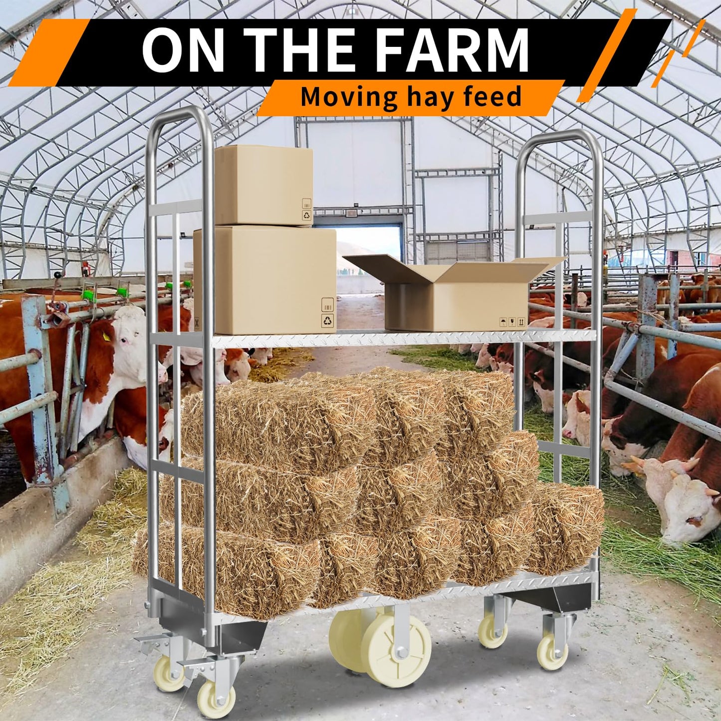 Two Tier U-Boat Platform Truck Cart, 16 x 48Inch Narrow Aisle Flatbed Truck w/6PCS Wheel Caster 2500LBS Weight Capacity Heavy Duty Platform Dolly with Removable Handles for Warehouse, Storage Room