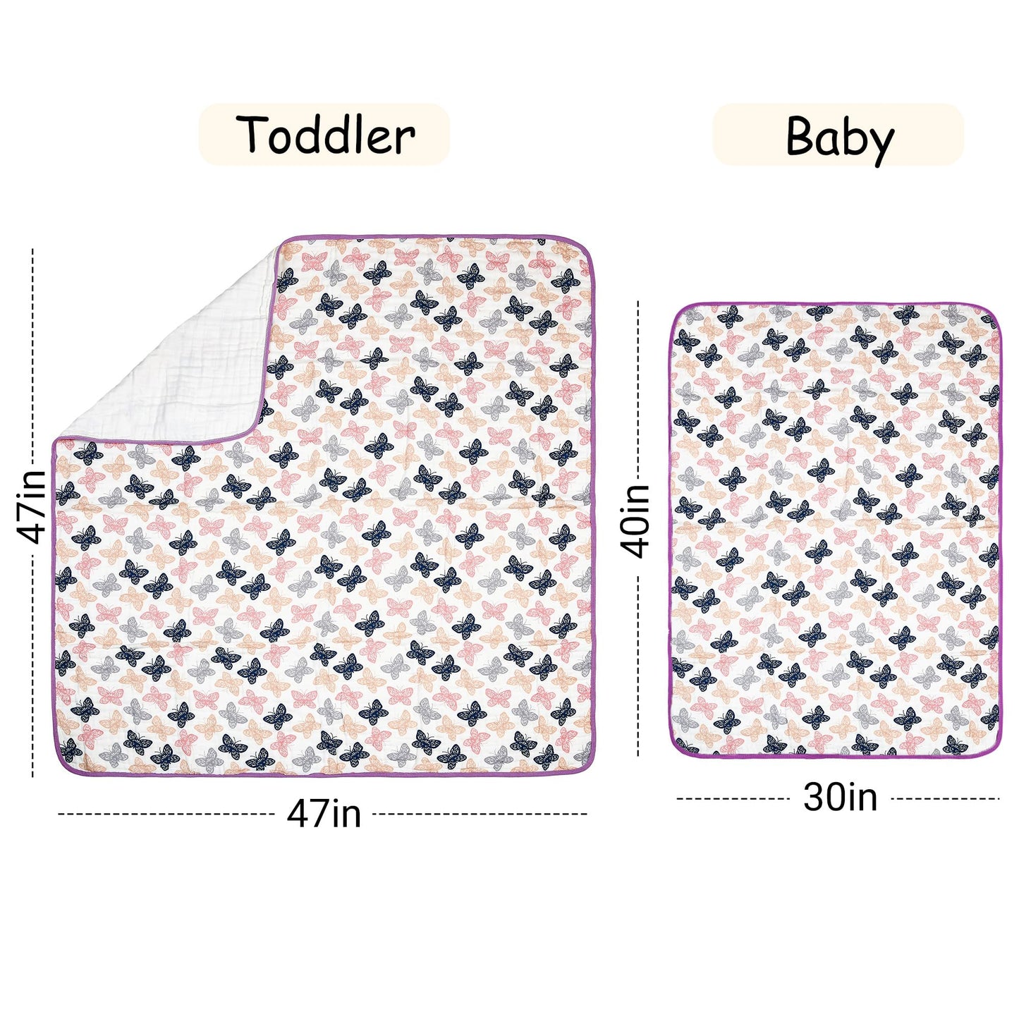 ZPECC Muslin Toddler Blanket Thicker, 47x47 Organic Cotton Kids Quilt Hypoallergenic for Baby Essentials Crib Stroller Daycare Cot, Butterfly
