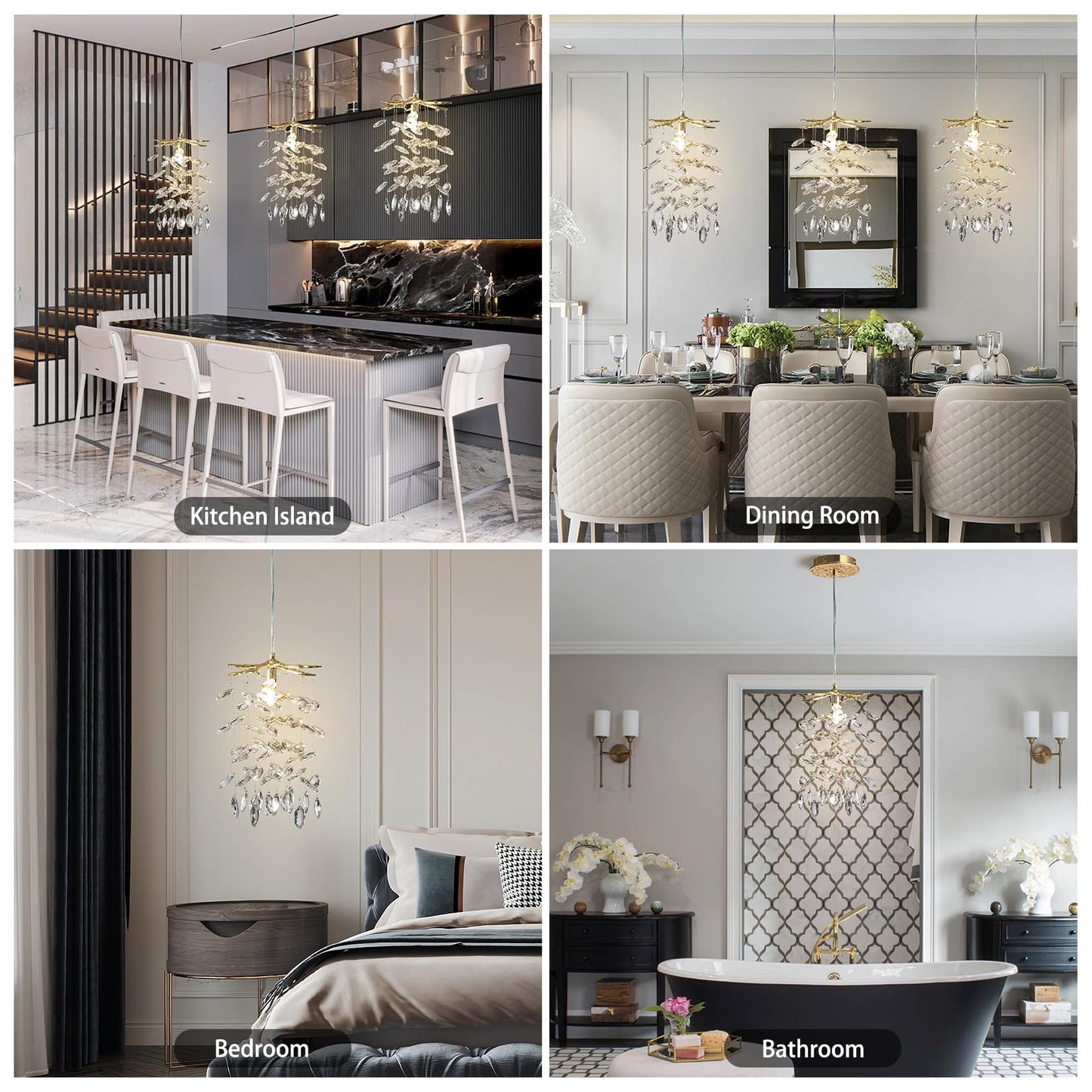 YUYI 8.3" Crystal Pendant Light for Kitchen Island, Modern Gold Tree Branch Chandeliers, Luxury Round Raindrop Chandelier Pendant Lights Fixture for Dining Room, Living Room, Bedroom, Foyer, Entryway
