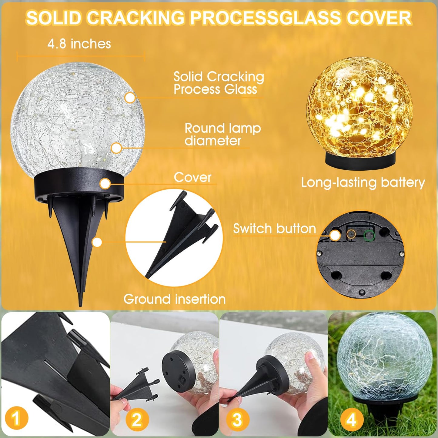TARANEM Solar Lights Outdoor Waterproof 30LEDS, 4 Pack Cracked Glass Solar Globe Lights Outdoor with Auto On/Off, Outside Decorations for Yard,Garden,Patio, Pathway,Landscape - Warm White